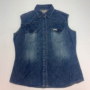 Cowgirl Hardware Denim Sleeveless Western Shirt XXL Blue‎ Embroidered